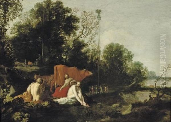 An Arcadian Wooded Landscape 
With Nymphs And Cattle, A Figure Dancing Around A Maypole Beyond Oil Painting by Moyses or Moses Matheusz. van Uyttenbroeck