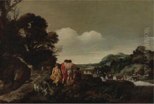 Landscape With Herdsmen And Animals By A Stream Oil Painting by Moyses or Moses Matheusz. van Uyttenbroeck