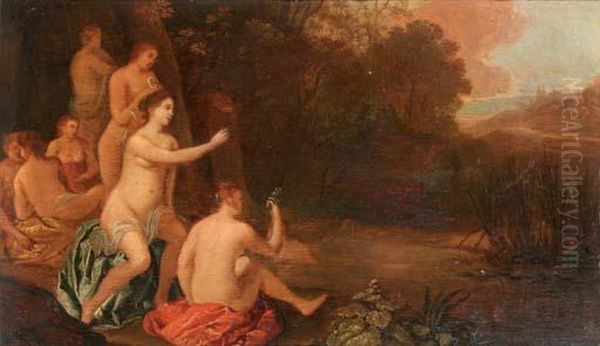 Nymphs Bathing In A Landscape Oil Painting by Moyses or Moses Matheusz. van Uyttenbroeck