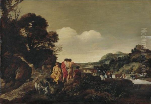 Landscape With Herdsmen And Animals By A Stream Oil Painting by Moyses or Moses Matheusz. van Uyttenbroeck