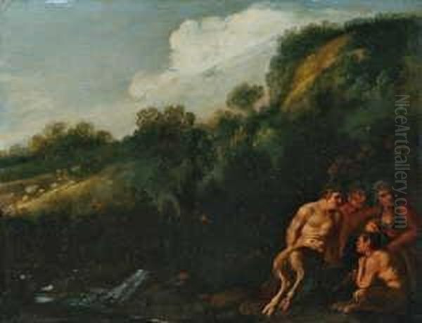 Satyrn Und Nymphe In Flusslandschaft. Oil Painting by Moyses or Moses Matheusz. van Uyttenbroeck