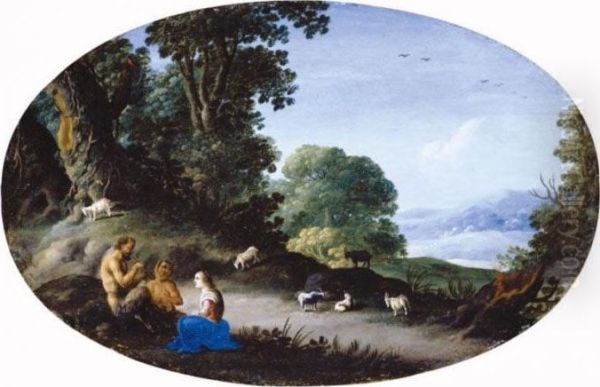 Satyrs And A Shepherdess In A Landscape Oil Painting by Moyses or Moses Matheusz. van Uyttenbroeck