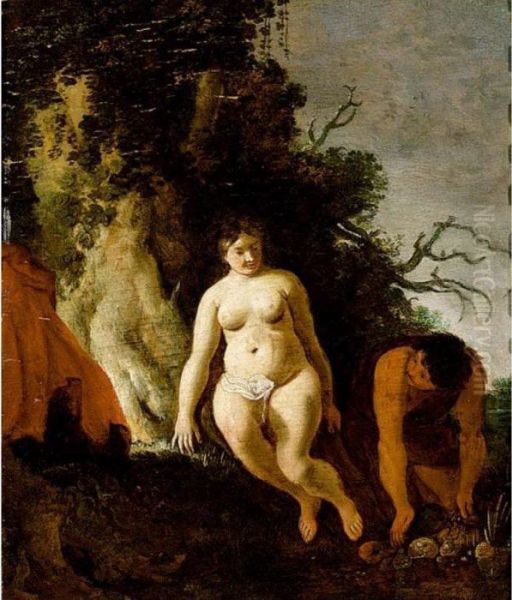 Nymph And Satyr Oil Painting by Moyses or Moses Matheusz. van Uyttenbroeck