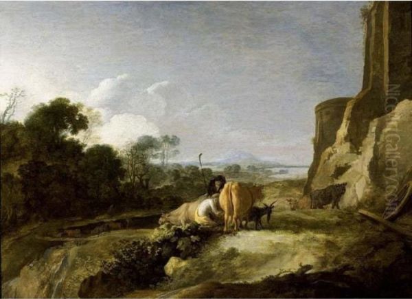 A Southern Wooded Landscape With Shepherds And Their Herd Near Ruins Oil Painting by Moyses or Moses Matheusz. van Uyttenbroeck