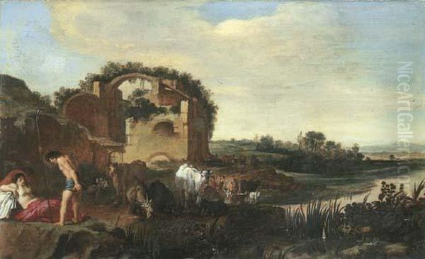 An Italianate Landscape With Shepherds Resting With Their Cattle Near A Ruin Oil Painting by Moyses or Moses Matheusz. van Uyttenbroeck