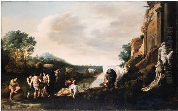 Paysage Romain Avec Des Bergers Dansant Et Des Ruines by Moyses or Moses Matheusz. van Uyttenbroeck