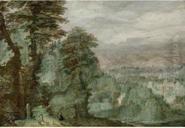 An Extensive Wooded Landscape With Travelers On A Path Oil Painting by Frederik van Valkenborch