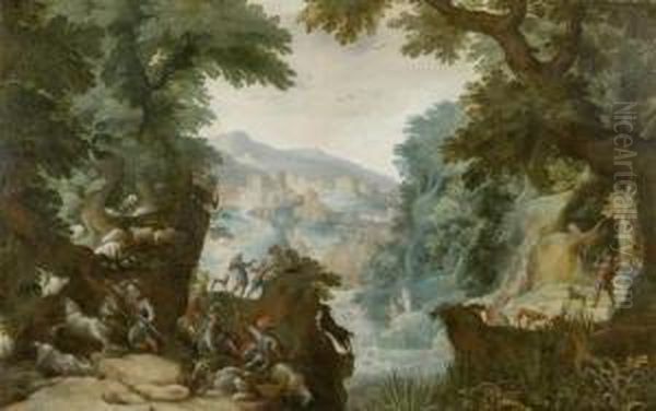 Forest Landscape With Herdsmen And Hunters Oil Painting by Frederik van Valkenborch