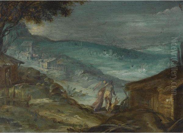 An Extensive Mountainous Landscape With Tobias And The Angel Oil Painting by Frederik van Valkenborch