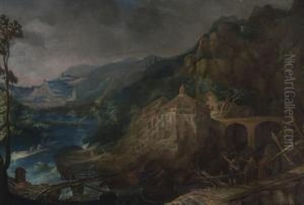 Felsige Flusslandschaft Mit Figurenstaffage. Oil Painting by Frederik van Valkenborch