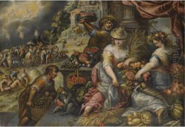 An Allegory Of Summer, With A 
Fruit A Vegetable Stall In The Foreground And A Procession With Ceres 
Beyond Oil Painting by Frederik van Valkenborch