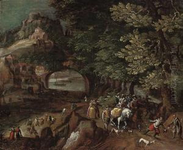 A Wooded River Landscape With A Hunting Party On A Track Oil Painting by Frederik van Valkenborch