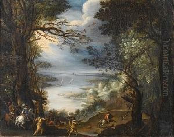 Noblemen Hunting Deer In A Wooded Landscape With An Estuary Beyond Oil Painting by Frederik van Valkenborch