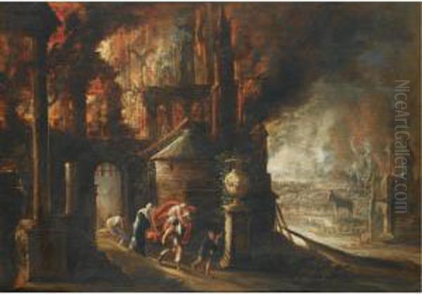 Aneneas And Anchises Fleeing The Sack Of Troy Oil Painting by Frederik van Valkenborch