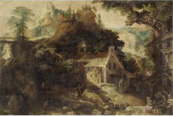 A Mountainous River Landscape With A Chapel And A Tavern, With Fishermen Nearby Oil Painting by Frederik van Valkenborch