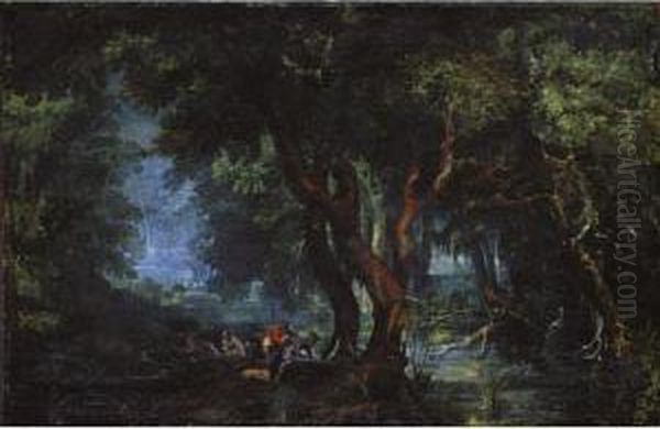 A River Through A Forest At Night With Hunters Landing On The Shore In The Foreground Oil Painting by Frederik van Valkenborch