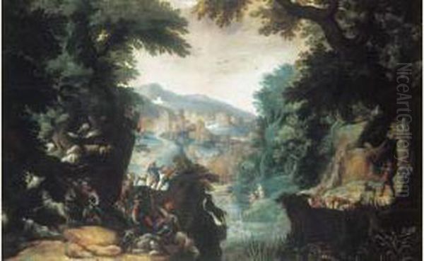 Bergers Et Chasseurs Dans Un Paysage De Foret Devant Une Ville Oil Painting by Frederik van Valkenborch