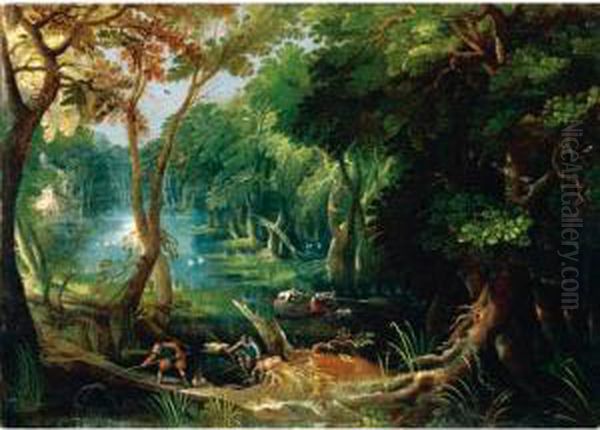 A Wooded River Landscape With Sportsmen And Fishermen Oil Painting by Frederik van Valkenborch