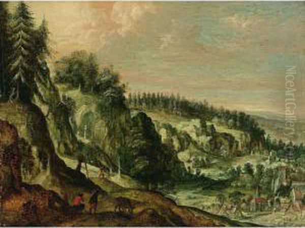 A Rocky Landscape With Travellers On A Path And A Village In A Valley Oil Painting by Frederik van Valkenborch