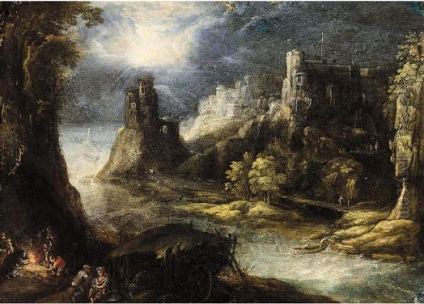 A River Landscape With A Forge, A Hilltop Town Beyond Oil Painting by Frederik van Valkenborch