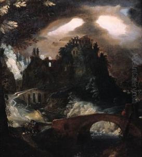 A Fantasy Landscape With Thunderstorm At Night by Frederik van Valkenborch