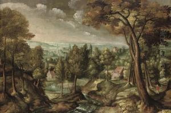 An Extensive Wooded River Landscape With A Traveller On A Track, Atown Beyond Oil Painting by Lucas van Valckenborch