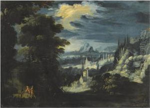 An Extensive Landscape With Travellers In The Foreground Oil Painting by Lucas van Valckenborch