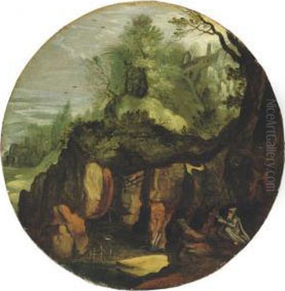 A Rocky Landscape With A Hermit Saint Reading Underneath Atree Oil Painting by Lucas van Valckenborch