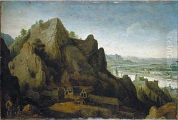 An Extensive Mountainous Landscape With Figures Before An Iron Foundry Oil Painting by Lucas van Valckenborch