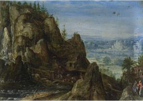 A Rocky Landscape With Travellers On A Path And A Water Mill Beyond Oil Painting by Lucas van Valckenborch