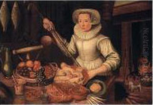 Kitchen Interior With A Maid Preparing Food Oil Painting by Lucas van Valckenborch