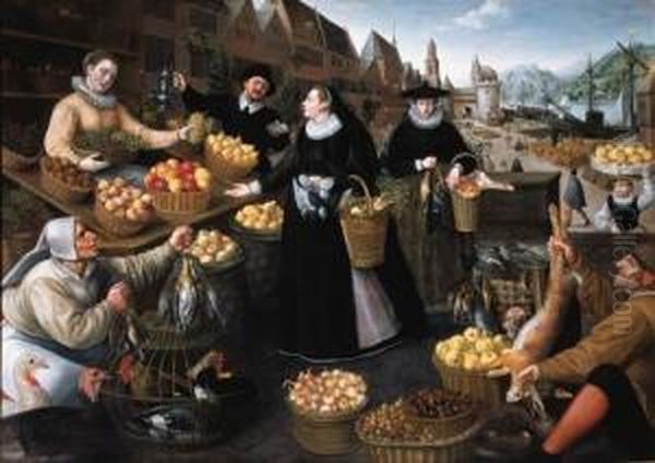 An Allegory Of Autumn: A Fruit 
And Vegetable Stall Above The Weinmarkt In Frankfurt Am Main Oil Painting by Lucas van Valckenborch