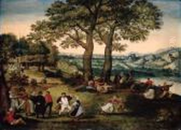 A Village Kermesse, A Church And Mountainous Landscape Beyond Oil Painting by Lucas van Valckenborch