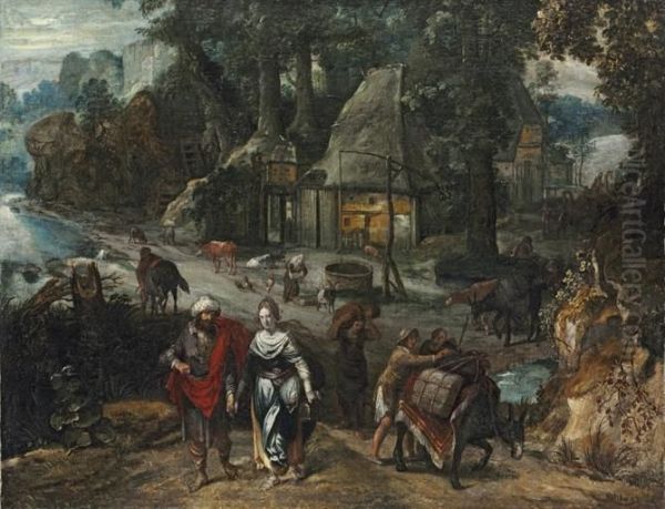 A Hamlet In A Wooded Clearing With Jacob And Rachel, Flocks At A Well Beyond Oil Painting by Frans I Francken