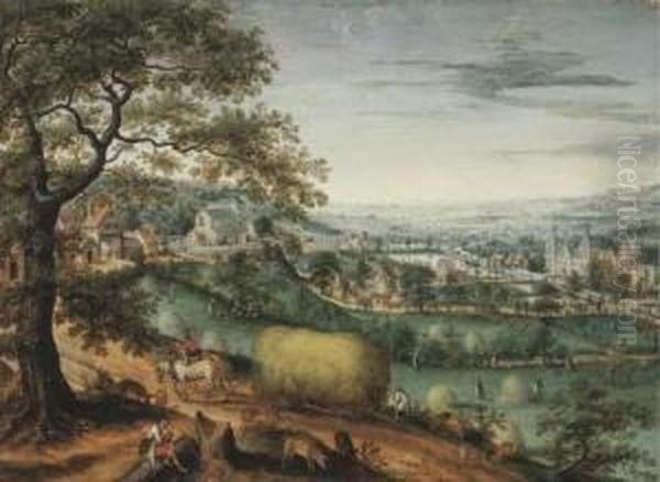 An Extensive River Landscape With Peasants Haymaking, A View Ofarenberg Castle Beyond Oil Painting by Frans I Francken