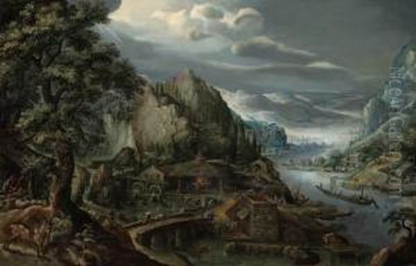 A Mountainous River Valley, With An Iron Foundry, A Town In The Distance Oil Painting by Frans I Francken