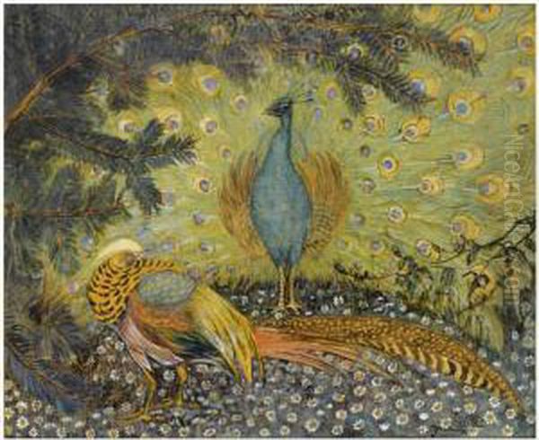 Peacocks Oil Painting by Theodorus Van Hoytema