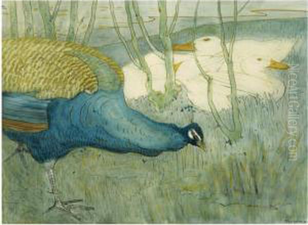 Peacock And Ducks On A Riverbank Oil Painting by Theodorus Van Hoytema