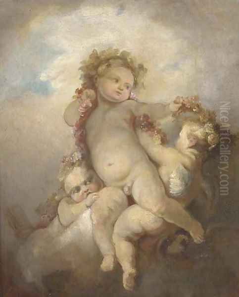 Three putti playing with a garland of flowers Oil Painting by Jean-Honore Fragonard