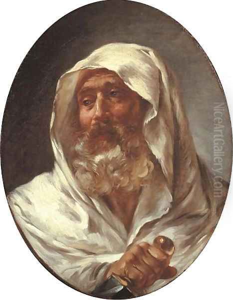 Head of a bearded man in a white cloak holding a dagger Oil Painting by Jean-Honore Fragonard