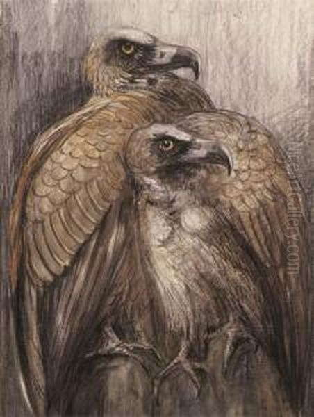 Two Bearded Vultures Oil Painting by Theodorus Van Hoytema