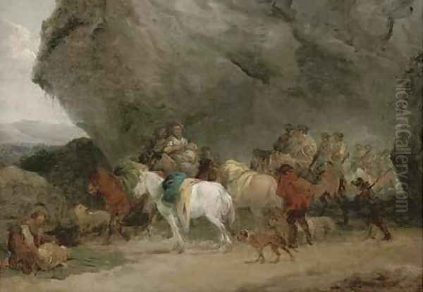 Cavalry men approaching gypsies by a grotto Oil Painting by Jean-Honore Fragonard