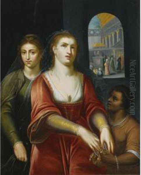 Mary Magdalene Handing Her Jewellery To A Servant, Christ Preachingin The Background Oil Painting by Otto van Veen