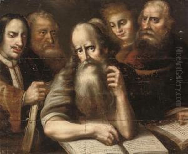 Philosophers Transcribing Texts At A Table Oil Painting by Otto van Veen