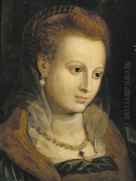 Portrait of a lady, bust-length, wearing a pearl necklace Oil Painting by Frans Floris