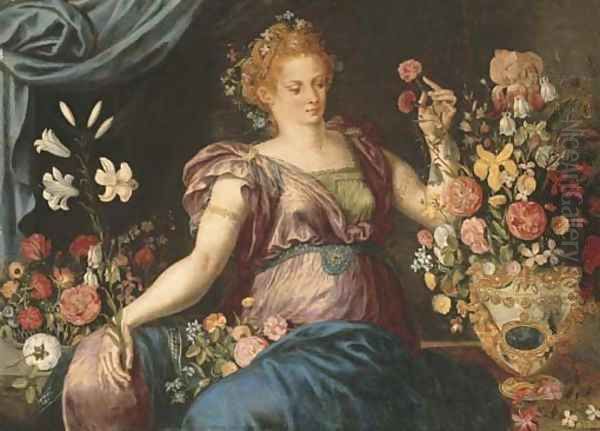 A woman seated with ornamental vases of flowers Oil Painting by Frans Floris