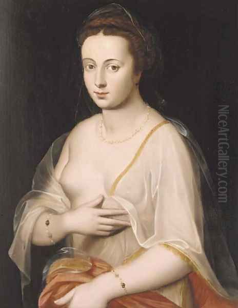 Portrait of a lady, half-length, wearing a pearl necklace, bracelets and a gossamer wrap Oil Painting by Frans Floris