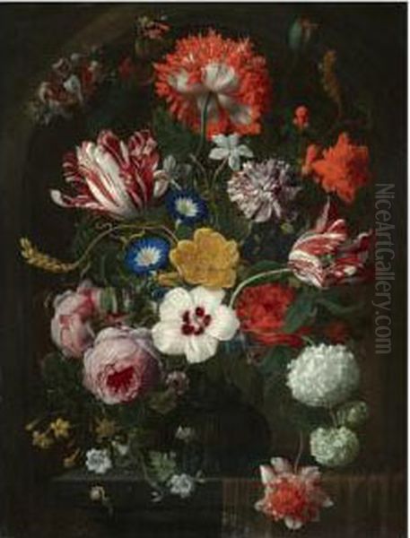 Still Life With A Bouquet Of 
Flowers In A Glass Vase, Including Roses, Morning Glory, Parrot Tulips 
And Snowballs, Arranged On A Partly Draped Stone Ledge With A Snail Oil Painting by Nicolas Van Veerendael