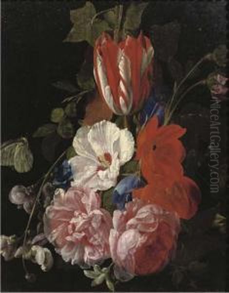 Roses, Tulips, Poppies And Other Flowers With Butterflies: A Fragment Oil Painting by Nicolas Van Veerendael