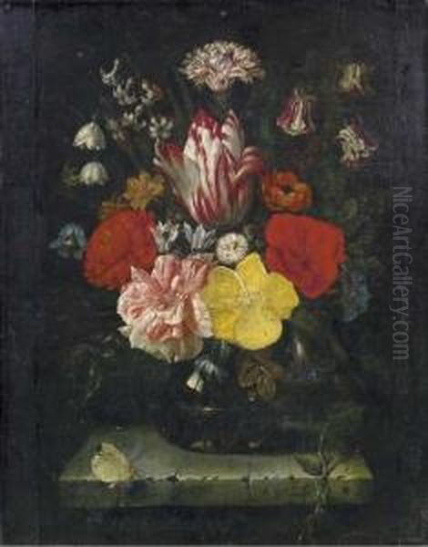 Tulipani, Ciclamini, Campanule, 
Garofani, Rose In Un Vaso Di Vetrosu Un Piano Di Pietra Ed Una Farfalla Oil Painting by Nicolas Van Veerendael